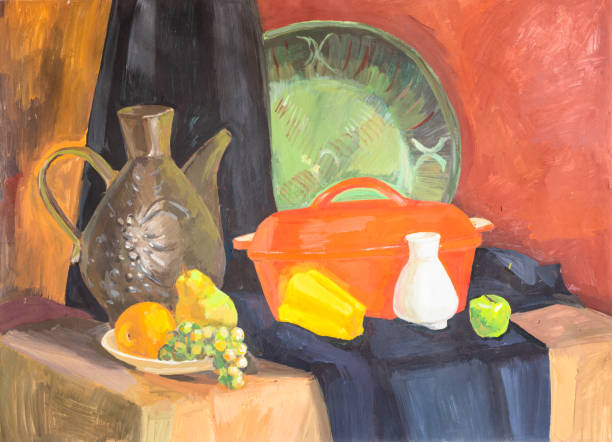 istock still life with jug, hot pot, fruits hand painted 1459962528