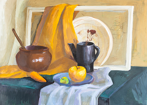 still life with pot, kettle, carrot, apples and picture frame hand painted with tempera paints on paper