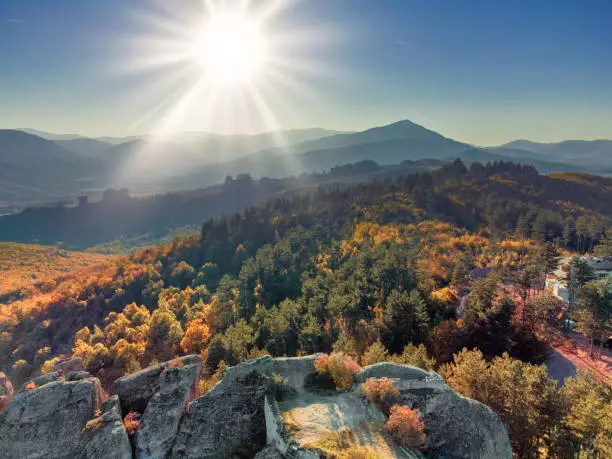 Amazing aerial autumn landscape in Balkan Mountains, Bulgaria. Beautiful colors of the season.