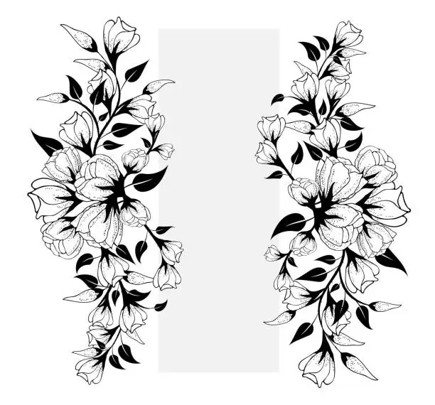 Vector illustration of floral arrangement frame for invitation, poster, greeting card, background. Can be used to print on fabric or paper. Richly decorated, flowers, grass, leaves, branches. Made in the style of line art