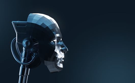 Artificial Intelligence (AI) robot head, machine learning innovation technology, 3d rendering