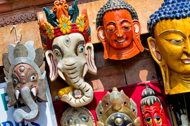 bunte masken, swayambhunath tempel, kathmandu, nepal - swayambhunath stock-fotos und bilder