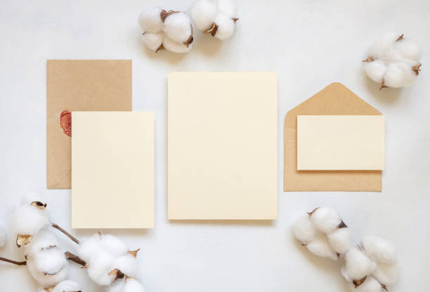 istock Blank cards and envelope with cotton flowers top view on white, wedding mockup 1459969670