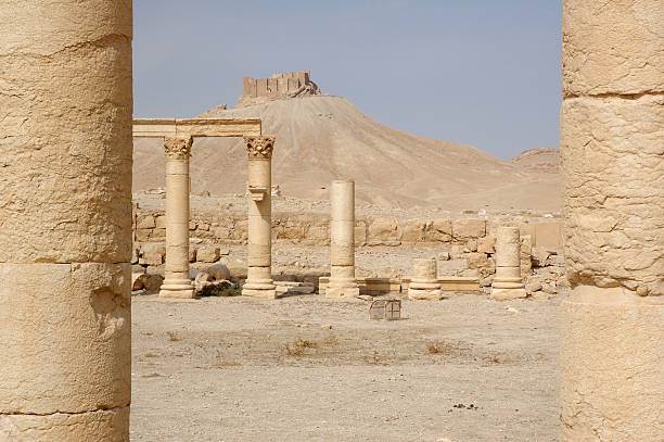 Palmyra - arab citadel and roman columns City of Palmyra -  ruins of the 2nd century AD  euphrates syria stock pictures, royalty-free photos & images