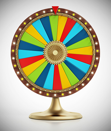 Multi-colored prize wheel on gray, vignette background.