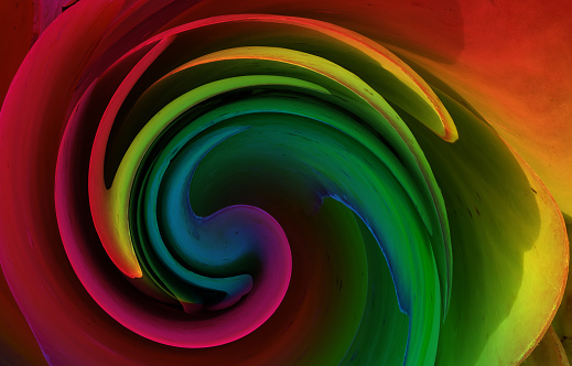 A digitally generated image of an original photo by the artist of multi colored blocks of red, green, yellow, blue, and purples that has been twirled into an abstract background.