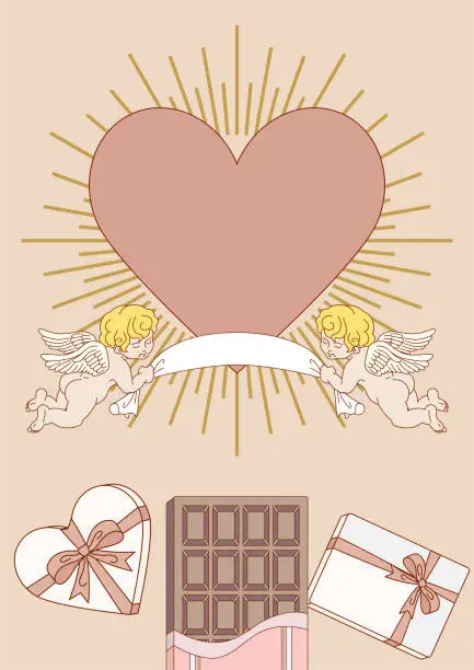 Vector illustration of Valentine's Day design template, A4 vertical ratio - Two cupids and chocolate bar