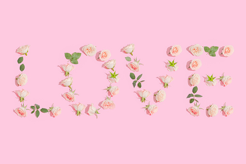 Creative layout with pastel pink roses, green leaves and Word LOVE. Love or Valentine's Day concept. Flat lay.