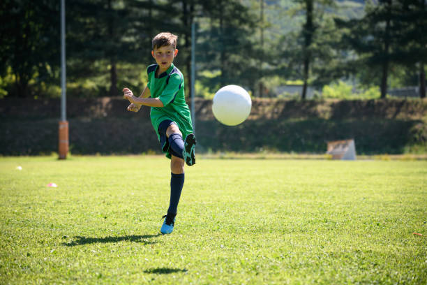 Summer soccer football camp school for children, training. stock photo