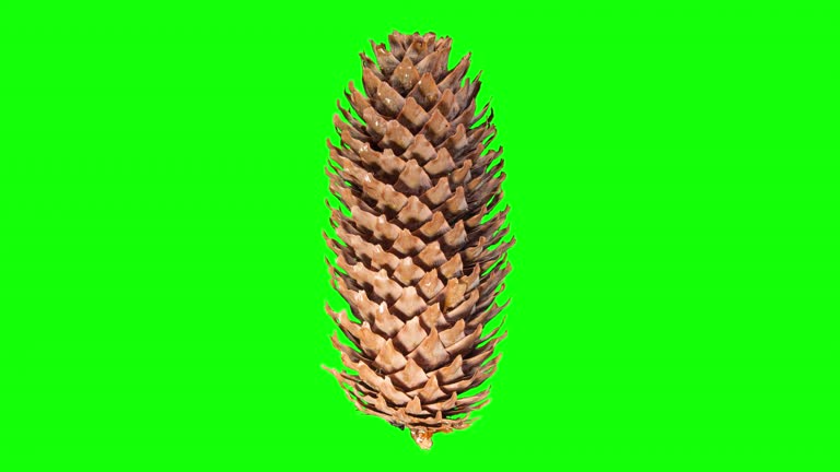 Pine Cone Opening in Time Lapse on a Green Background with Alpha Matte. Fir Tree Cone Moving Isolated On Chroma Key. Abies Tree