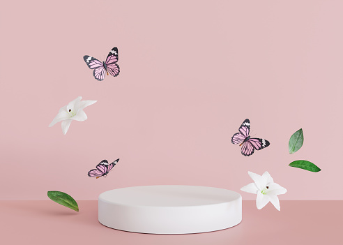 White podium with flying flowers and butterflies. Womans Day, Mothers Day. Platform, stage for beauty, cosmetic products presentation. Mock up. Display, showcase. 3D rendering