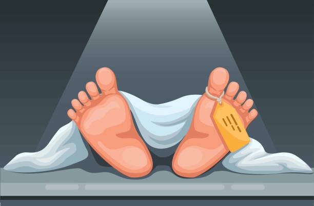 Dead body foot with tag health problem and criminal scene cartoon illustration vector Dead body foot with tag health problem and criminal scene cartoon illustration vector morgue stock illustrations