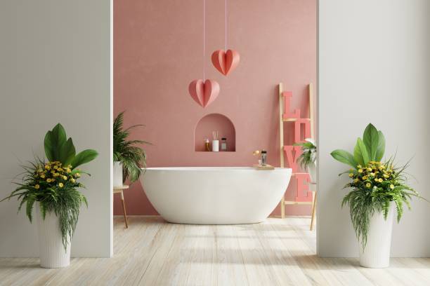 istock Valentine's day in bathroom with bathtub on empty red wall. 1459975210