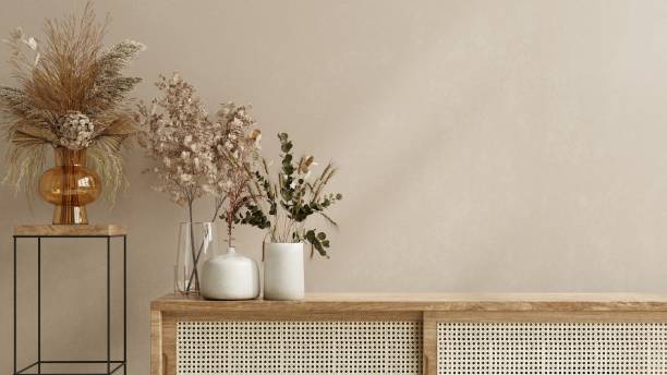 interior wall mock up with flower vase,cream color wall and wooden cabinet. - sideboard imagens e fotografias de stock