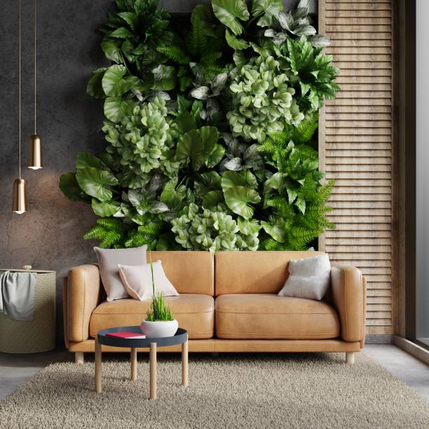 istock Living room wall mockup with leather sofa and decor on plants background. 1459975268