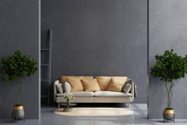 istock Mockup dark cement wall with gray sofa and decor in living room. 1459975318