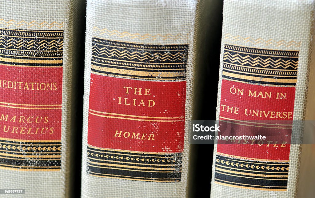 Classic Books Meditations by Marcus Aurelius, The Iliad by Homer, and On Man In The Universe by Aristotle - classic books. Homer - Greek Epic Poet Stock Photo