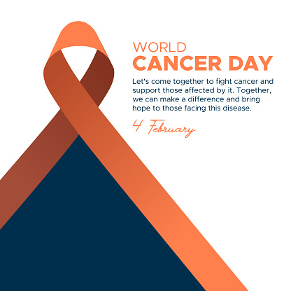 This is a square composition design for World Cancer Day, featuring a ribbon symbol in the center. The ribbon is a widely recognized symbol for cancer awareness, and is often used to represent the fight against cancer. The design uses a minimalist style, with a clean and simple layout. The focus is on the ribbon symbol, which is prominently displayed in the center of the design. The overall look is modern and professional, making it suitable for a variety of uses such as posters, social media posts, and merchandise. The message of the design is to raise awareness about cancer and the importance of early detection and prevention. It also intends to support cancer patients and their families, and to inspire hope for a future free of cancer.