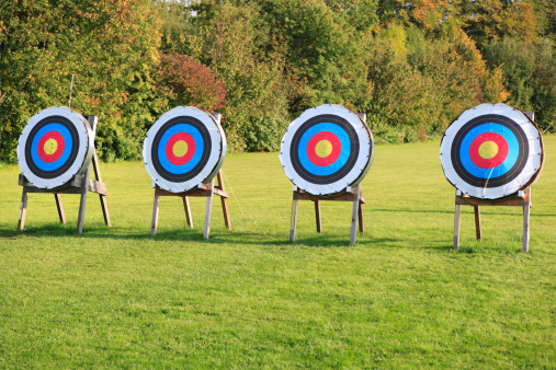 four archery targets in a row on green meadow, Canon 1Ds Mk II