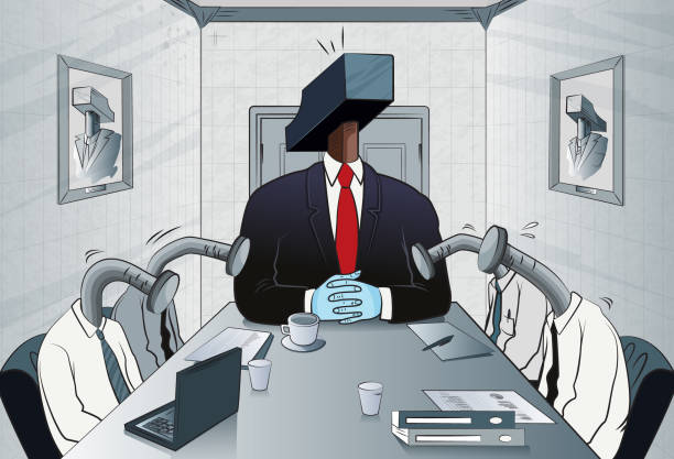 Workplace Bullying The boss in the image of a hammer holds a meeting with his subordinates. (Used clipping mask) egocentric stock illustrations