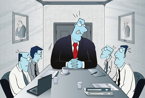 Furious boss gets angry with his employees during meeting. (Used clipping mask)