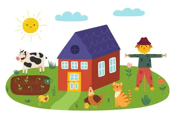 Vector illustration of Cute farm landscape with scarecrow, hen, cat, cow and farmhouse
