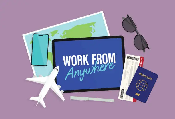 Vector illustration of A Tablet, passport, boarding pass, sunglasses, map, mobile phone, pen, and airplane model on a table for work from anywhere concept