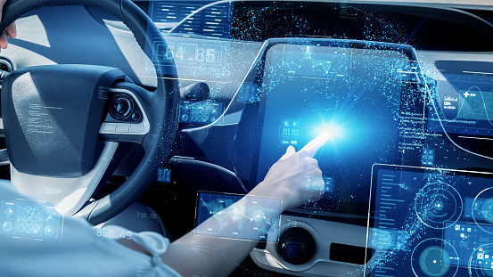 Cockpit of futuristic car concept. Autonomous car. Self driving vehicle. Autopilot.