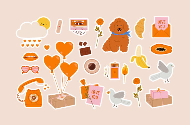 Valentine's Day sticker set. Romantic objects. Valentine's Day sticker set. Romantic objects. Sweet, gift box, balloons, rose, phone, dog, bird, love letter, matchbox. Concept of valentine's day, romance, gifts, love. mix tape heart stock illustrations