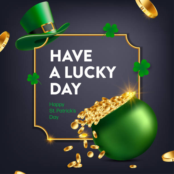 illustrazioni stock, clip art, cartoni animati e icone di tendenza di giorno di san patrizio. i simboli della festa sono una pentola di denaro e un cappello verde leprechaun con monete d'oro e il trifoglio - backgrounds irish culture st patricks day good luck charm