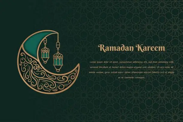 Vector illustration of Ramadan kareem background with ornamental crescent moon design in green pattern background design