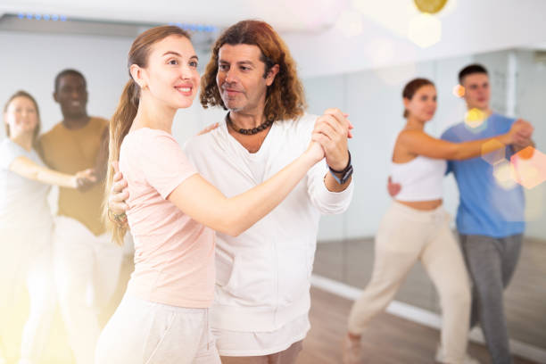 istock Woman and man practicing modern dance moves in pair during group class 1459991057
