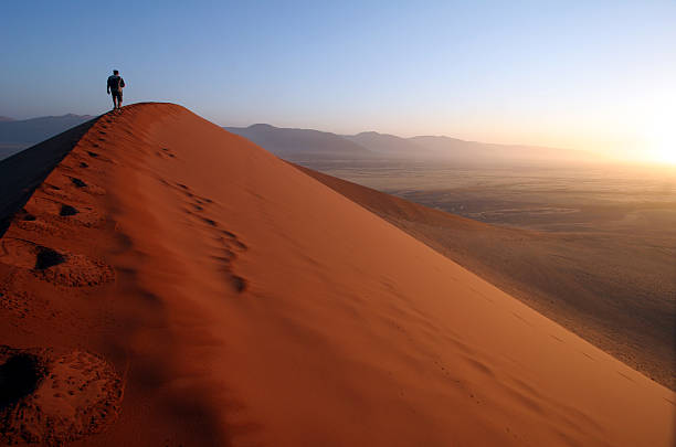 istock Man stood on top of a sand dune at sunset 145999142
