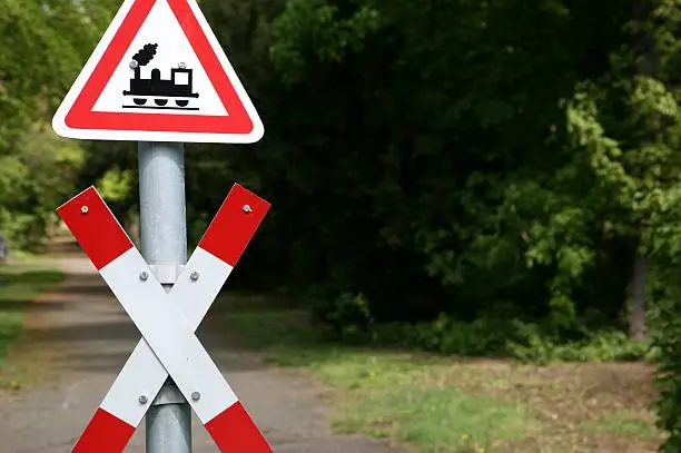 a traffic signs is warning...trains are crossing