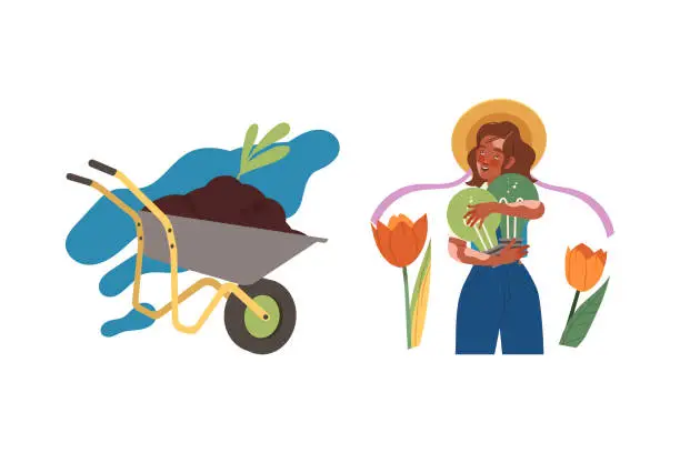 Vector illustration of Woman Character Caring about Planet with Light Bulb and Wheelbarrow with Soil as Saving Ecosystem Vector Set