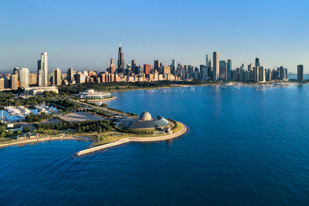 istock Adler Planetarium with Monroe Harbor and Chicago Skyline 1459994086