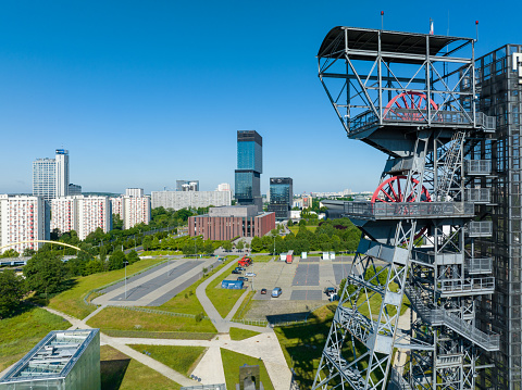 Katowice, Poland - May 27, 2020: The modern buildings of Silesian Museum accompanied by a shaft of the former coal mine \