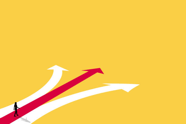 illustrazioni stock, clip art, cartoni animati e icone di tendenza di la donna d'affari segue un percorso per opportunità di business. leadership visionaria diversi percorsi di business. simbolo di ambizione, motivazione e lunga strada da percorrere. - scegliere