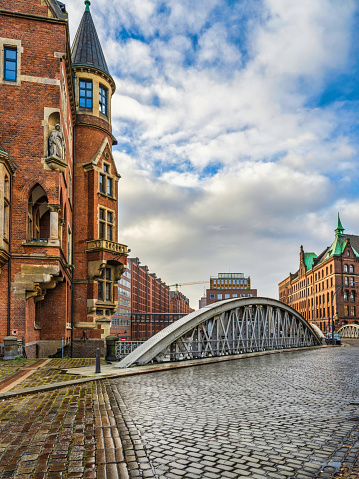 historic Red Brick Buildings and cobblestone streets of Hamburg, Germany