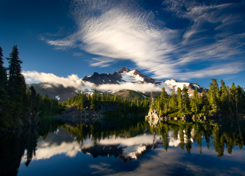 Mount Jefferson reflected in bays lake Oregon