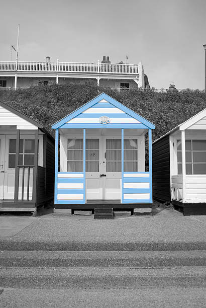 Beach hut Beach hut at southwold in black and white with blue highlights southwold stock pictures, royalty-free photos & images