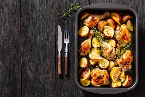 istock Lemon Garlic Chicken with roast potatoes, top view 1459998384