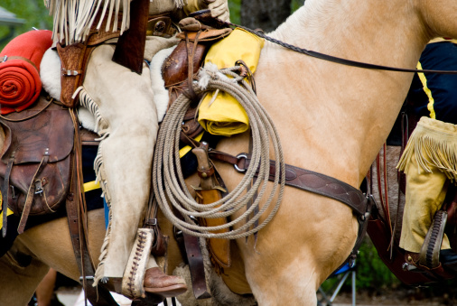 Close view of a riders leg showing the detail of his gear including; lariat, knife, pistol, rifle, saddle bags, and blanket.