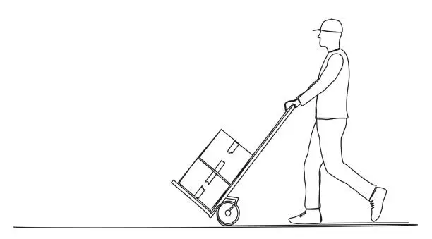 Vector illustration of continuous single line drawing of parcel carrier or delivery driver with parcels on hand truck