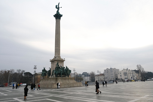 View of Heroes Square in Budapest, Hungary on December 22, 2022.