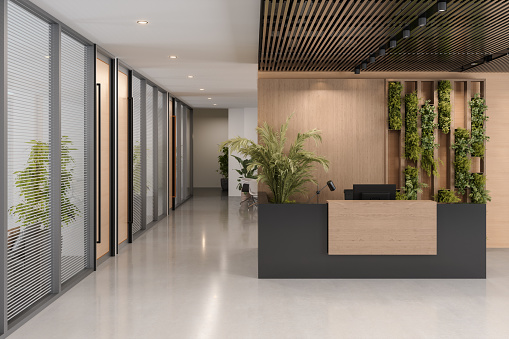 Reception Area Of Modern Office With Reception Desk, Potted Plants, Office Rooms And Marble Floor