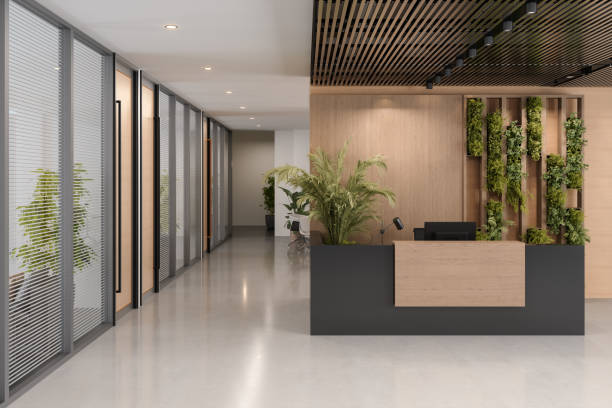 reception area of modern office with reception desk, potted plants, office rooms and marble floor - event convention center business hotel imagens e fotografias de stock
