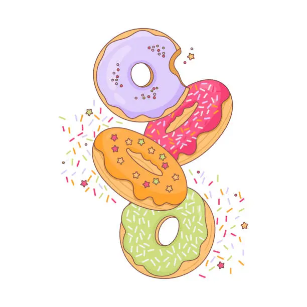 Vector illustration of Set of cartoon colorful donuts isolated on white background. Donuts with different types of icing and toppings. Vector illustration.