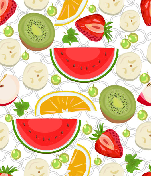 ilustrações de stock, clip art, desenhos animados e ícones de mixed fruits seamless pattern - grape bunch fruit stem