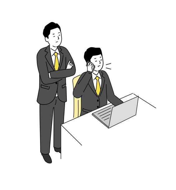 Illustration of a new employee making a phone call and a supervisor watching, vector business meet the team stock illustrations